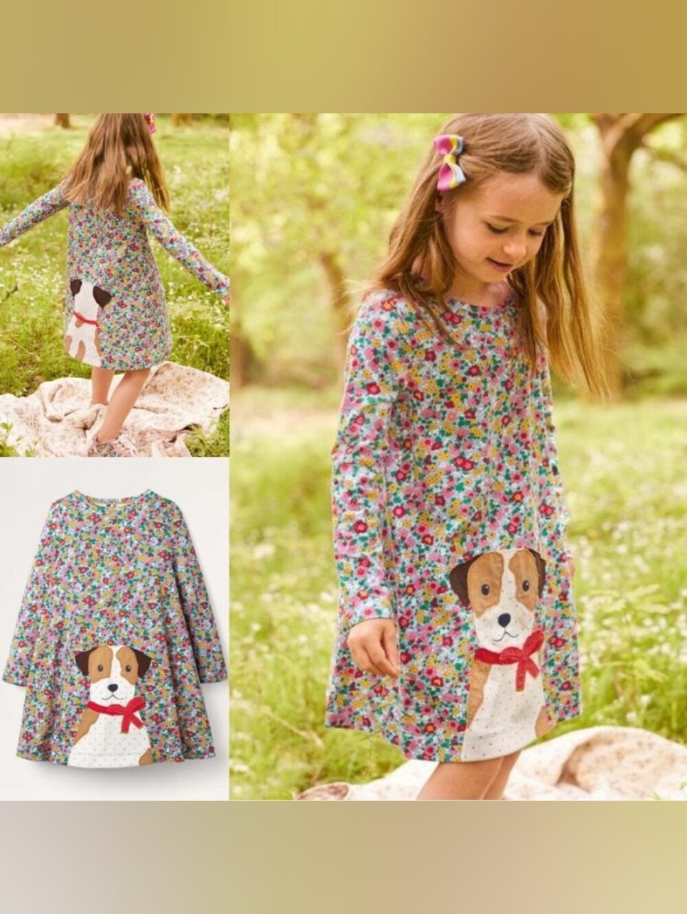 Mini Boden Floral Long-Sleeve Dress with Puppy Applique - Pink, Yellow & Green